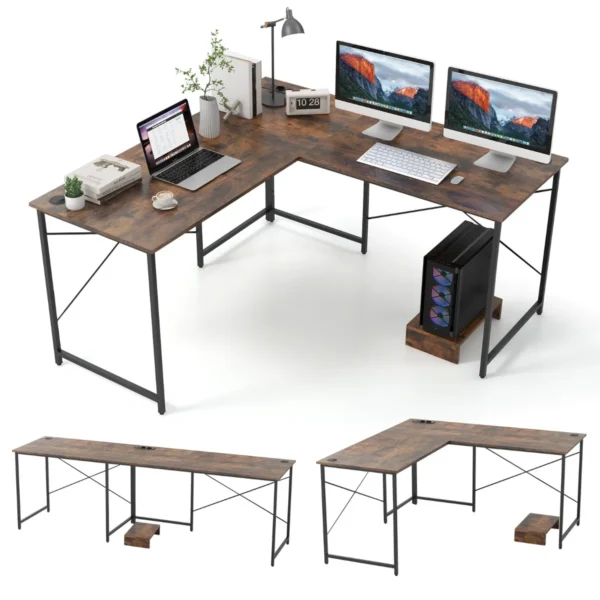 Bureau L-Vorm Omkeerbaar Hoekbureau Met Laadstation Hoektafel Met Kabelgaten En Afneembare CPU-/Monitorstandaard-Bruin