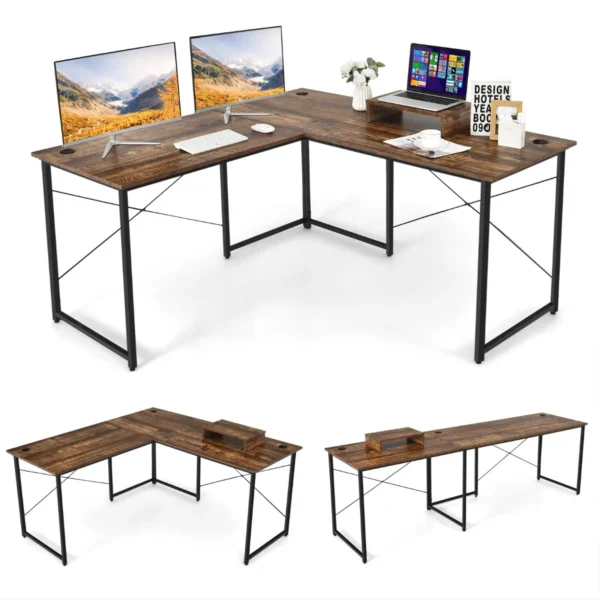 Bureau L-vorm Omkeerbaar Hoekbureau Met Monitorstandaard Hoektafel Met 3 Kabelgaten Gaming Computertafel Bruin 150 X 150cm