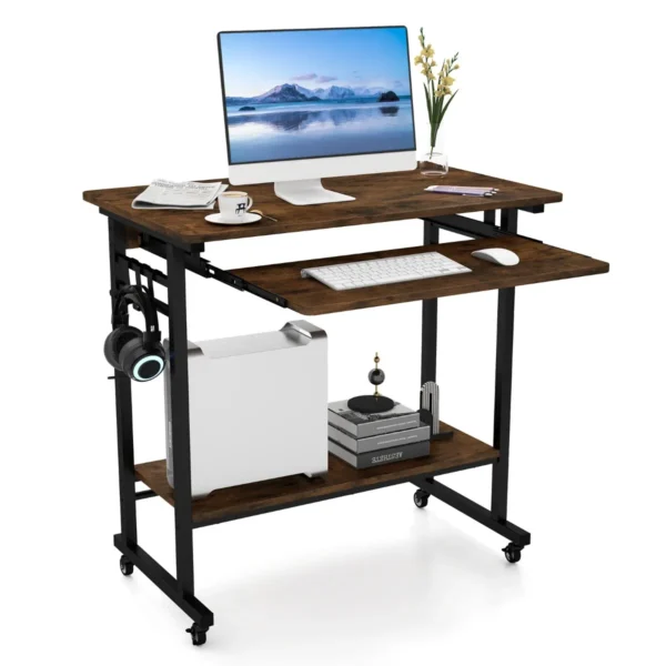 Bureau Met Wieltjes Toetsenbordplank Ruimtebesparende Computertafel PC-Tafel Met Legplank Onder En Haken Industriële Laptoptafel Bruin