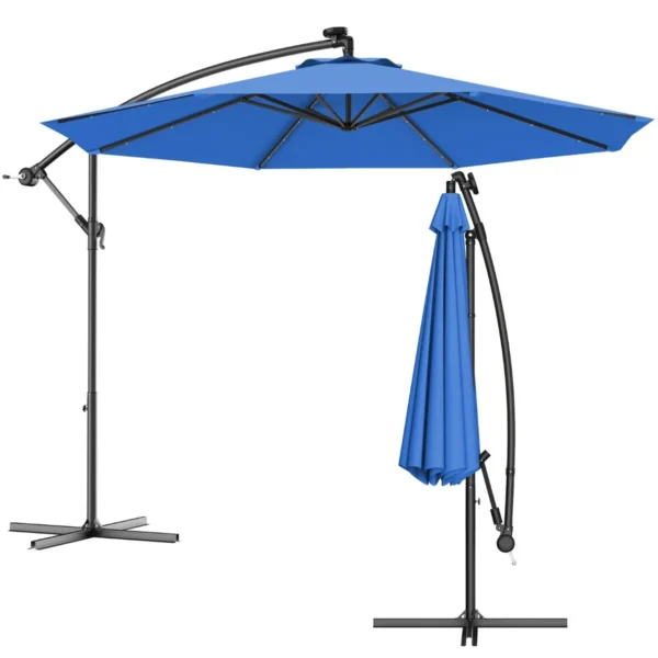 Φ300cm LED Patio Parasol Met Handslinger En Kantel Aanpassing Buiten Cantilever Opknoping Markt Patio Paraplu Blauw