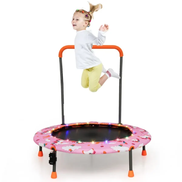 Φ92 Cm Kindertrampoline Gevoerde Veiligheidshandgreep Voor Kinderen Met Led-Verlichting Ronde Springmat En Beschermhoes-Roze