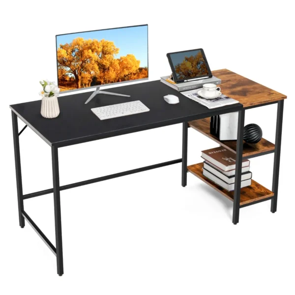 Computerbureau Bureau Met Opbergplanken Studeer Tafel Met Stalen Frame Industriële Stijl Voor Thuis Kantoor Bruin + Zwart