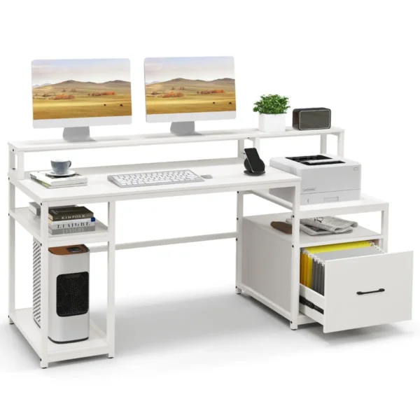 Computerbureau Computerwerktafel Met Schermsteun En Bestandslade Multifunctioneel Schrijfbureau Voor Woonkamer Studeerkamer Wit