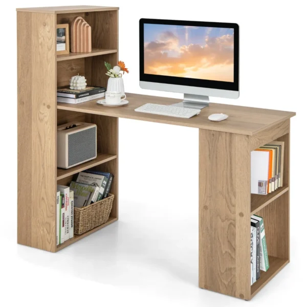 Computerbureau Met Boekenkast Modern Compact 120 Cm Bureau Met 6-Vaks Opbergplanken Omkeerbare Studietafel Met Breed Onderstel