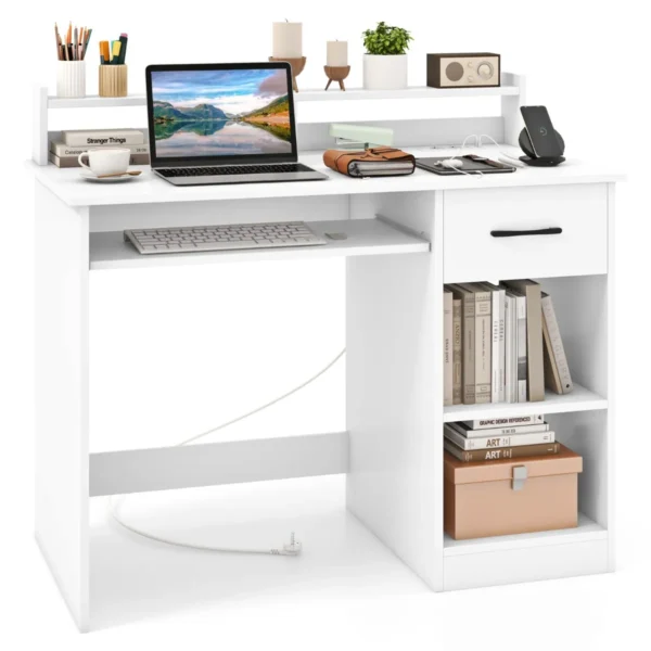 Computerbureau Met Oplaadstation Schrijfbureau Met Toetsenbordlade Lade En Verstelbare Plank Modern Bureau Voor Thuiskantoor