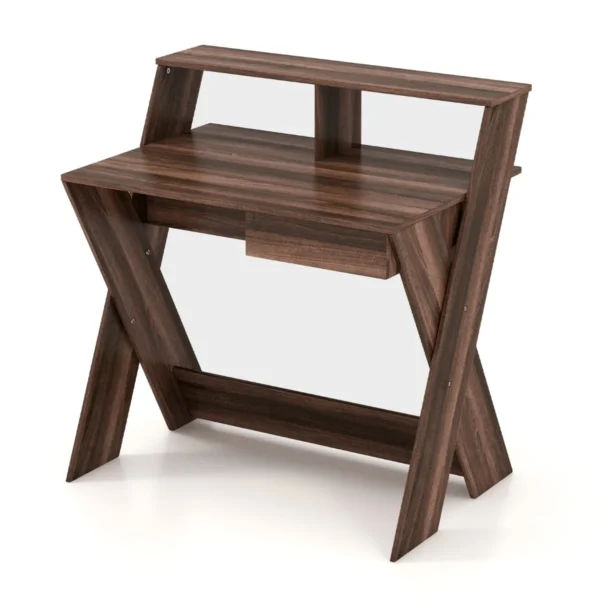 Computertafel Met Lade Bureau Met Monitorverhoging Werktafel X-Vormig Voor Kleine Ruimtes Thuis En Op Kantoor 90 X 61 X 94 Cm (Walnoot)