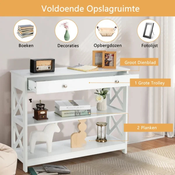 Consoletafel Met 3 Lagen Banktafel Met 1 Lade En 2 Opberg Planken Ingangstafel Met X-ontwerp Voor Hal Woonkamer En Ingang