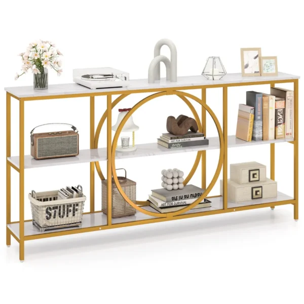 Consoletafel Met 3 Lagen En Een Blad Van Imitatiemarmer Stevig Metalen Frame Moderne Bijzettafel Displaystandaard Voor Gang-Goud