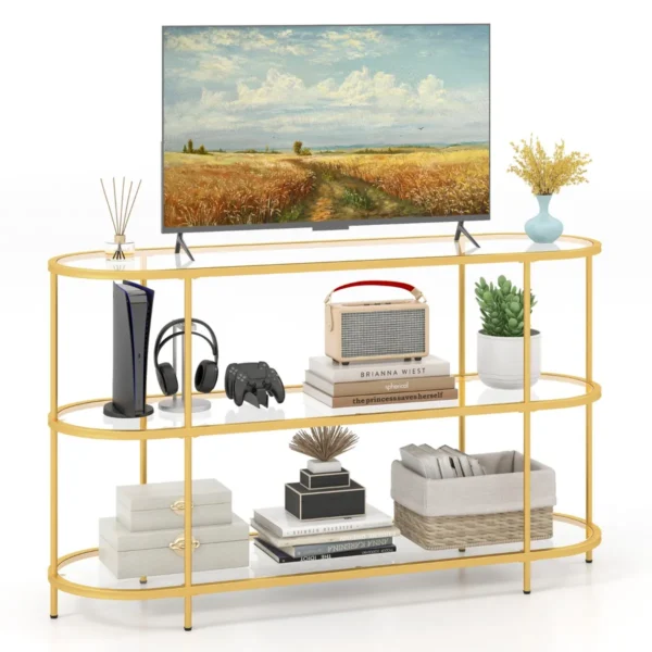 Consoletafel Met 3 Niveaus TV-Standaard Voor TV's Tot 65 Inch TV-Console Met Gehard Glazen Planken Goud