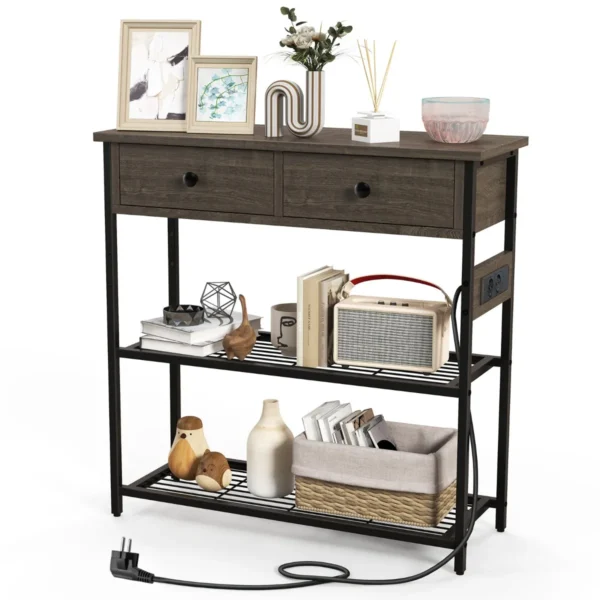 Consoletafel Met Laadstation Haltafel Met 2 Laden En 2 Metalen Roosterplanken Met Stopcontacten Bijzettafel Grijs