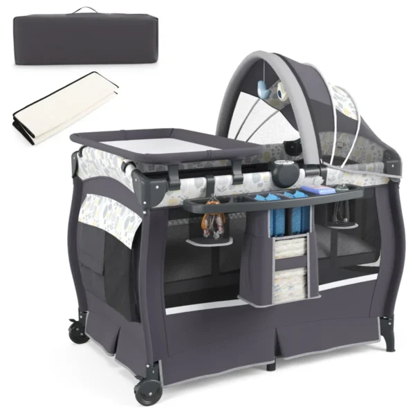 Draagbaar 4 In 1 Wiegje Met Wieg Matras Luiertafel Muziekdoosje Verstelbaar Dak Opbergrekje Reistas Voor Pasgeborene Baby-Grijs En Wit