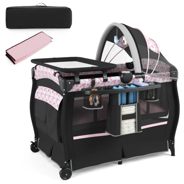 Draagbaar 4 In 1 Wiegje Met Wieg Matras Luiertafel Muziekdoosje Verstelbaar Dak Opbergrekje Reistas Voor Pasgeborene Baby-Roze En Zwart