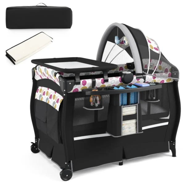 Draagbaar 4 In 1 Wiegje Met Wieg Matras Luiertafel Muziekdoosje Verstelbaar Dak Opbergrekje Reistas Voor Pasgeborene Baby-Zwart