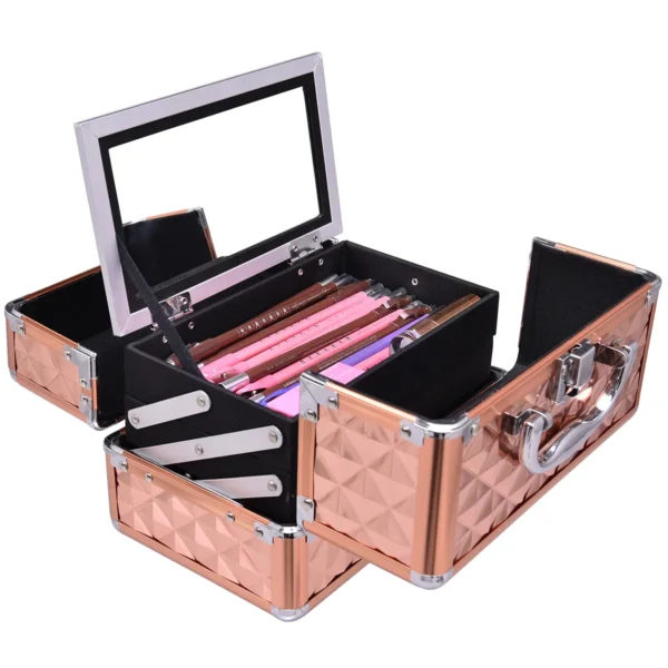 Draagbare Kleine Make-Up Treinkoffer Professionele Cosmetische Doos Met Spiegel En Verstelbare Verdelers 2 Dienbladen Gouden Roos