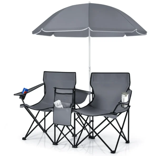 Draagbare Opvouwbare Picknick Liefde Stoel Stalen Frame PVC Oxford Stof Met Paraplu Mini-Tafel Drank Houder Draagtas-Grijs