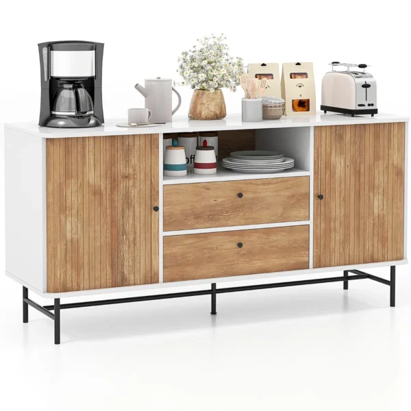 Dressoir Hout Buffetkast Met Schuifdeuren En 2 Laden Buffet Met Metalen Poten En Kantelbeveiliging Moderne TV-Kast 150 X 45 X 74 Cm