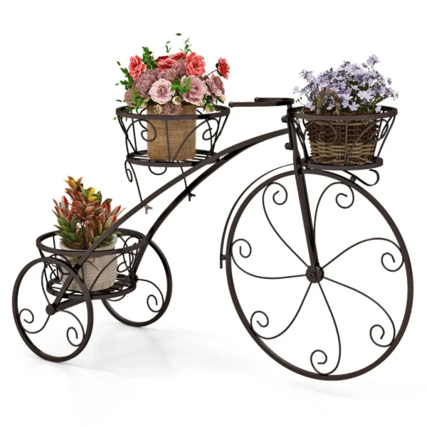 Driewielige Plantenstandaard 3-Laags Metalen Bloempothouder Met 3 Uitsparingen En Elegante Wielen Parijse Stijl Voor Patio-Brons