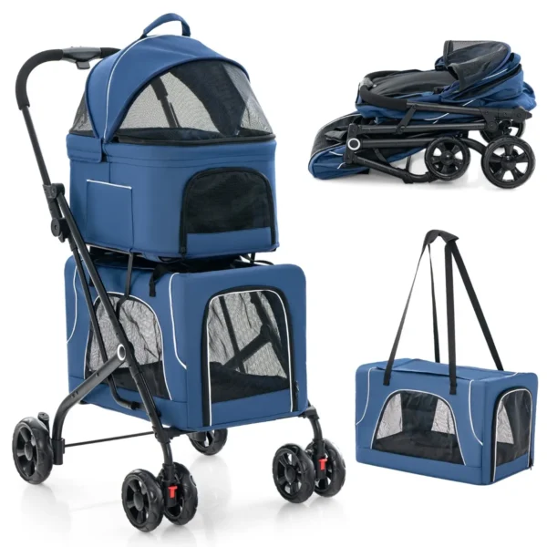 Dubbele Kinderwagen Voor Huisdieren 3-In-1 Opvouwbare Kinderwagen Voor 2 Honden Of Katten Met 2 Afneembare Dragers Blauw