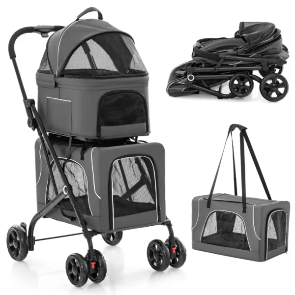 Dubbele Kinderwagen Voor Huisdieren 3-In-1 Opvouwbare Kinderwagen Voor 2 Honden Of Katten Met 2 Afneembare Dragers Veiligheidsgordel-Grijs