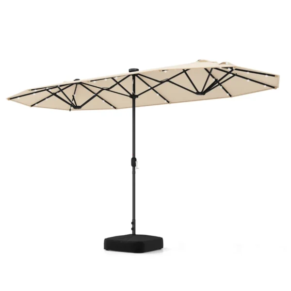 Dubbele Tuinparasol 400 X 200 Cm Met LED Op Zonne-Energie Extra Grote Parasol Met Zwengel En Stevige Voet Voor Binnenplaats Patio Beige