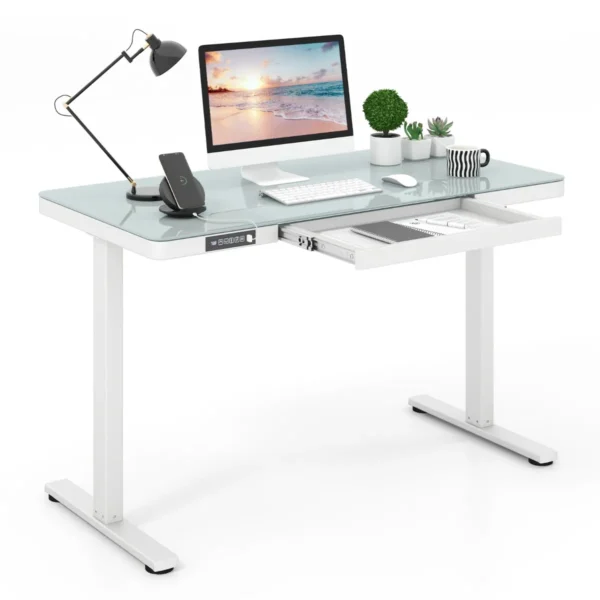Elektrisch Zit-Sta Bureau 120 Cm In Hoogte Verstelbaar Bureau Met Blad Van Gehard Glas 2 Geheugenposities-Wit