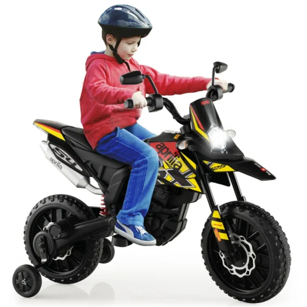 Elektrische Motorfiets Aprilia-Licentie Voor Kinderen Met 2 Trainingswielen 12V Motorfiets Op Batterijen Met Muziek Zwart
