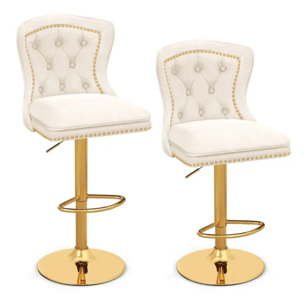 Fluwelen Barkrukken Set Van 2 Draaibare Barstoel Verstelbare Zithoogte 67-87 Cm Metalen Frame Hoge Stoel Voor Keukeneilanden Bistro-Beige