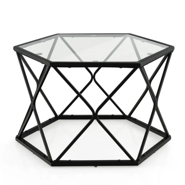 Geometrisch Glas Salontafel Hexagonale Eindtafel Met Gehard Glas Bovenkant & Metalen Poten Moderne Accent Salontafel Zwart