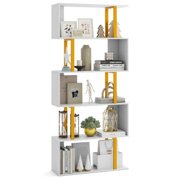 Geometrische Boekenkast Met 5 Niveaus 157 cm S-Vormige Plank Metalen Frame Moderne Vrijstaande Decoratieve Opbergplank