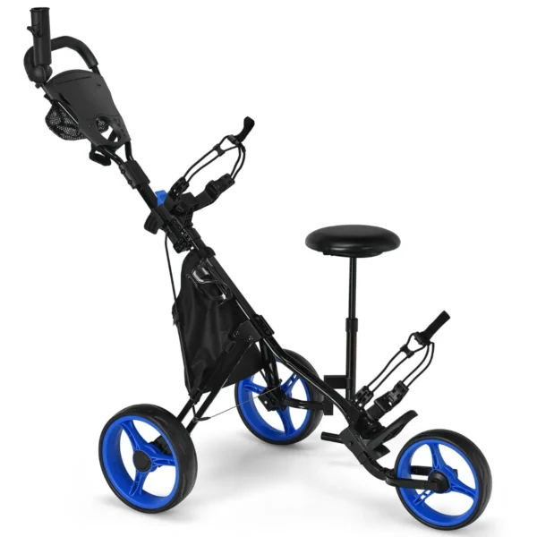 Golftrolley 3 Wielen Golfkaddy Van Aluminium Met Zitting Verstelbare Handgrepen En Voorwiel Golfwagen Met Parapluhouder En Opbergtas-Blauw