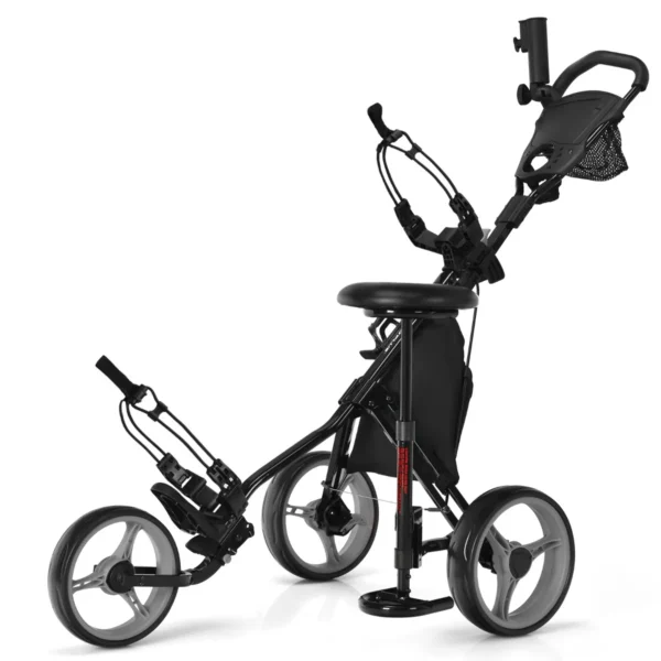 Golftrolley 3 Wielen Golfkaddy Van Aluminium Met Zitting Verstelbare Handgrepen En Voorwiel Golfwagen Met Parapluhouder En Opbergtas-Grijs