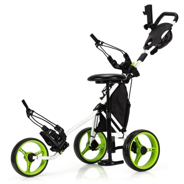 Golftrolley 3 Wielen Golfkaddy Van Aluminium Met Zitting Verstelbare Handgrepen En Voorwiel Golfwagen Met Parapluhouder En Opbergtas-Groen