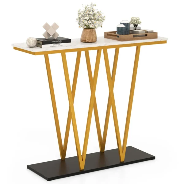 Gouden Haltafel 100 Cm Moderne Consoletafel Met Imitatiemarmeren Blad Geometrische Tafel Achter De Bank Met Opbergruimte