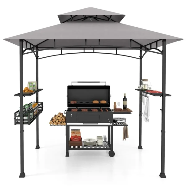 Grillpaviljoen Met Dubbel Dak Zijplanken En Metalen Mand Grilloverkappingen Weerbestendig Grillstandaard Voor Tuin Buiten