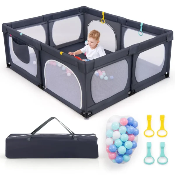 Grote Babybox Met 50 Oceaanballen En 4 Handringen Kruipruimte Met Ademend Net Box Voor Peuters 189 X 158 X 68 Cm (Donkergrijs)