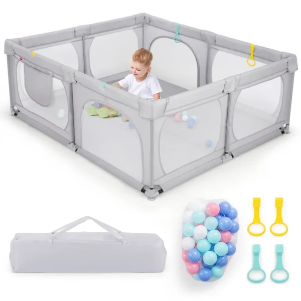 Grote Babybox Met 50 Oceaanballen En 4 Handringen Kruipruimte Met Ademend Net Box Voor Peuters 189 X 158 X 68 Cm (Lichtgrijs)