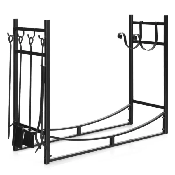 Haardhoutrek Met 4-Delige Haardbestek-Set Brandhoutrek Metaal Haardhoutrek Haardaccessoires Haardgarnituur Zwart