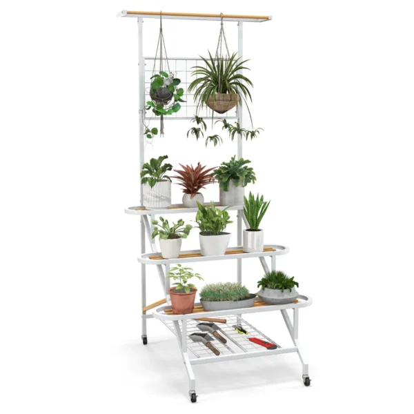 Hangende Plantstandaard Met 4 Ladderniveaus Metalen Ingelijst Plantenrek Met Wielen Hangende Bar Voor Woonkamer Balkon Patio