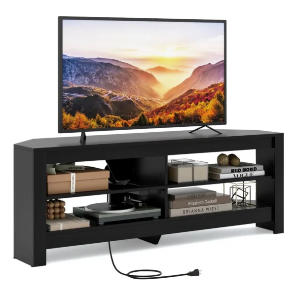 Hoek-TV-standaard Met Laadstation 3-Laags Mediacenter Met 4 Open Planken Multifunctionele Consoletafel Voor TV's Tot 65 Inch Zwart