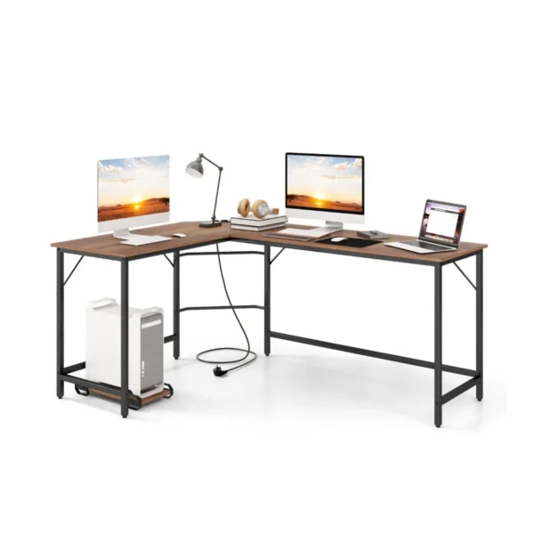 Hoekbureau Met Stopcontact 168 Cm Bureau Met CPU-Houder Stevig Metalen Frame Studiebureau Ruimtebesparende Computertafel-Natuur