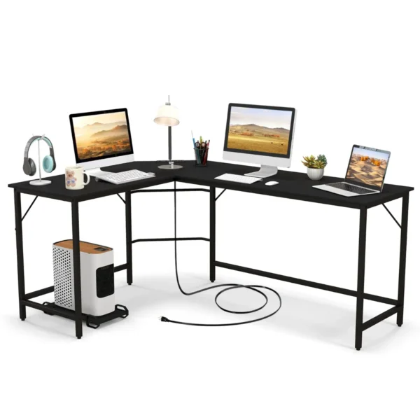 Hoekbureau Met Stopcontact 168 Cm Bureau Met CPU-Houder Stevig Metalen Frame Studiebureau Ruimtebesparende Computertafel-Zwart