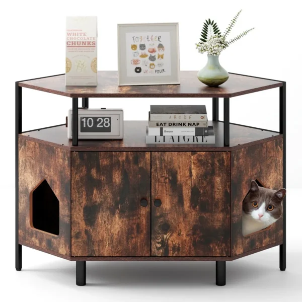 Hoekkattenkast Kattenhuiskast Met Open Planken 2 Ingangen En Metalen Poten Verborgen Wasruimte Voor Kittens -Bruin