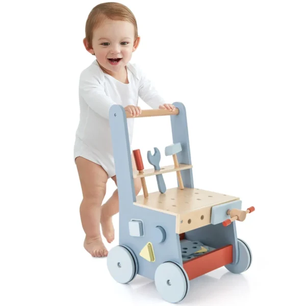 Houten Baby Rollator 2 In 1 Baby Rollator En Speelgoed Gereedschap Met Bodem Opslag Montessori Speelbank Voor Kinderen Blauw