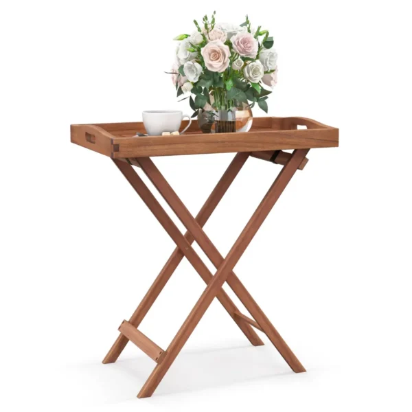 Houten Bijzettafel Opvouwbare Bijzettafel Met Afneembaar Theeblad En Stevig X-Vormig Frame Theetafel Voor Buiten En Binnen
