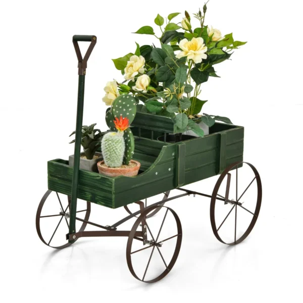 Houten Bolderkar Bloem/Plantenbak Decoratieve Pot Standaard Met Wielen En 2 Planten Secties Buiten Tonnetje Planter Groen