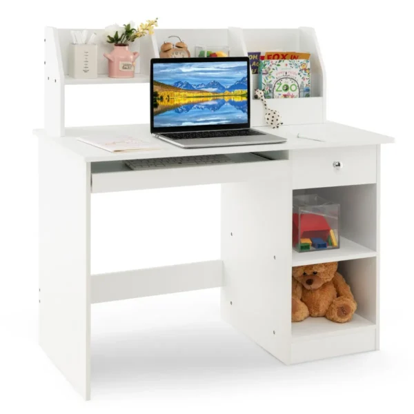 Houten Bureau Voor Kinderen En Tieners Computerwerktafel Met Nis En Boekenkast Toetsenbordlade Lade Opbergplanken Wit