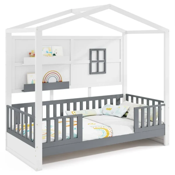 Houten Huisvormig Bed Voor Kinderen Met Raam 2 Planken En Leuning Lattenbodem Speelbed Voor Jongens En Meisjes Eenpersoonsbed