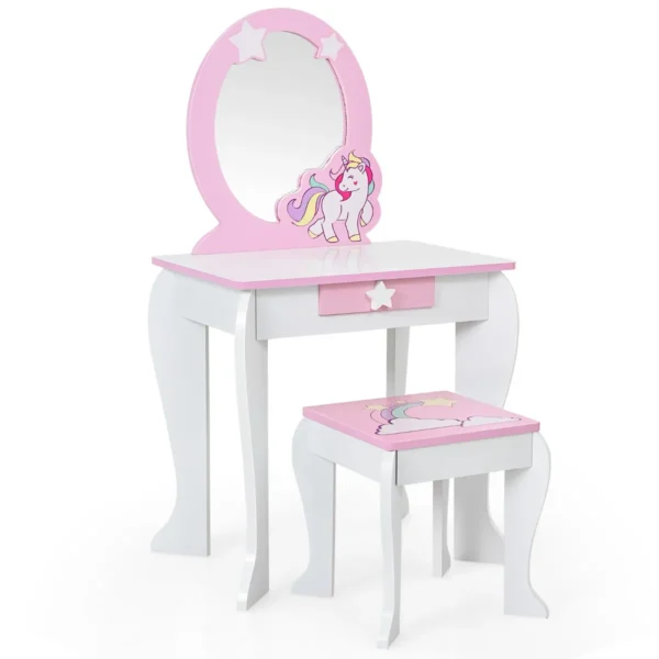 Houten Kinderkaptafel Met Krukje & Uitneembare Spiegel & Lade Wit