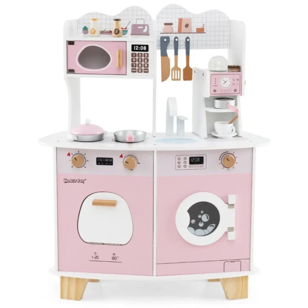 Houten Kinderkeuken Speelkeuken Met Koffiezetapparaat Magnetron Oven Wasmachine Keukenaccessoires En Gootsteen Roze
