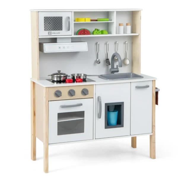 Houten Kinderkeuken Speelkeuken Met Magnetron Afzuigkap Kookplaat Speelgootsteen Oven Ijsblokjesmachine En 18 Accessoires
